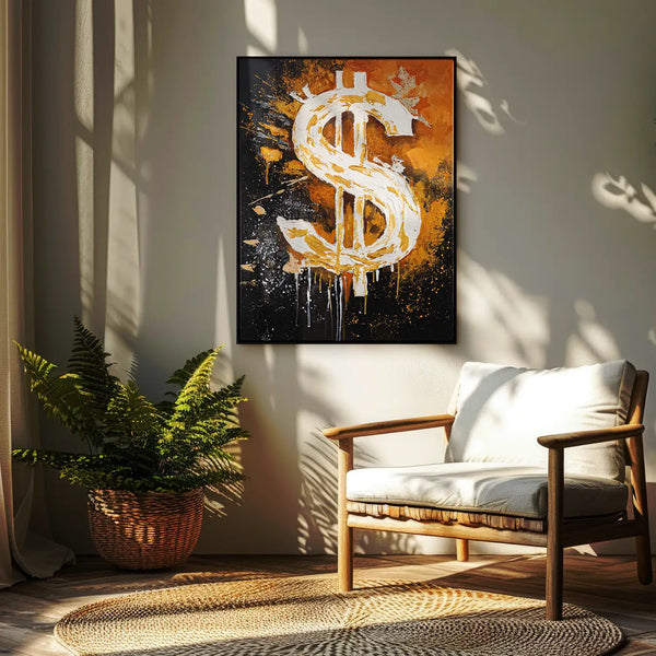 Leinwandbild handgemalt mit Acrylfarbe und Strukturpaste im Hochformat, Dollar, 150x200 mit Bilderrahmen in Eiche Hell