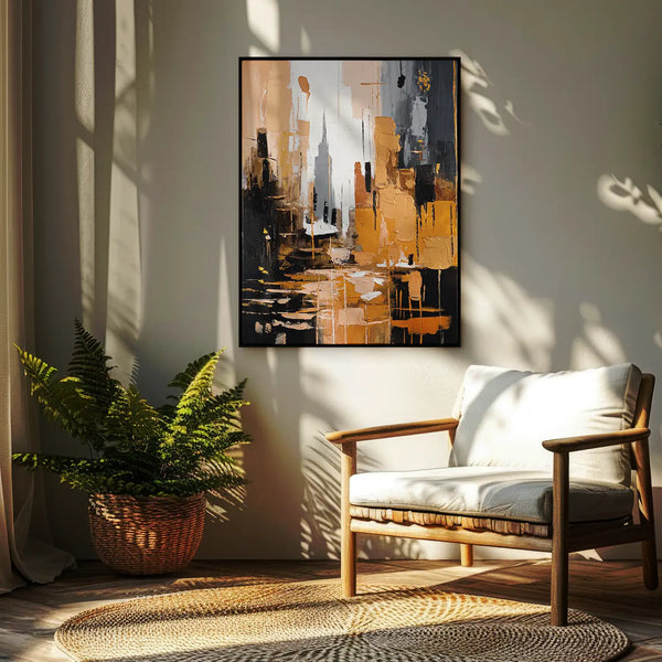 Leinwandbild handgemalt mit Acrylfarbe und Strukturpaste im Hochformat, Skyscraper, 150x200 mit Bilderrahmen in Eiche Hell