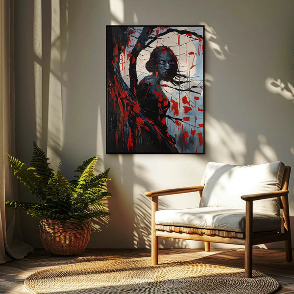 Leinwandbild handgemalt mit Acrylfarbe und Strukturpaste im Hochformat, Schwarze Phytomorphe, 150x200 mit Bilderrahmen in Eiche Hell