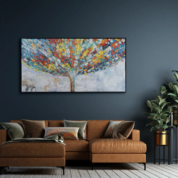 Leinwandbild handgemalt mit Acrylfarbe und Strukturpaste im Panorama, Klang der Stille, 100x200 mit Bilderrahmen in Eiche Hell