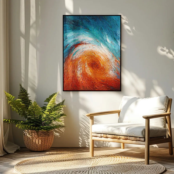 Leinwandbild handgemalt mit Acrylfarbe und Strukturpaste im Hochformat, Im Wirbel der Zeit, 150x200 mit Bilderrahmen in Eiche Hell