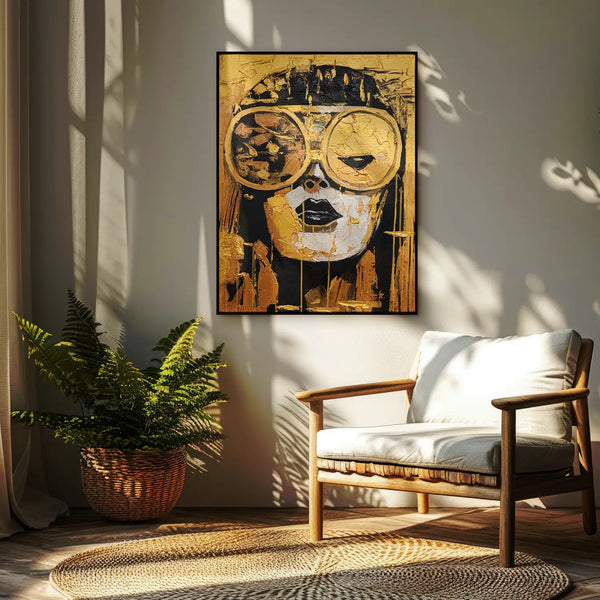 Leinwandbild handgemalt mit Acrylfarbe und Strukturpaste im Hochformat, Die Zukunft traegt Gold, 150x200 mit Bilderrahmen in Eiche Hell