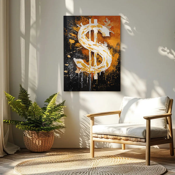 Leinwandbild handgemalt mit Acrylfarbe und Strukturpaste im Hochformat, Dollar, 75x100 mit Bilderrahmen in Eiche Dunkel