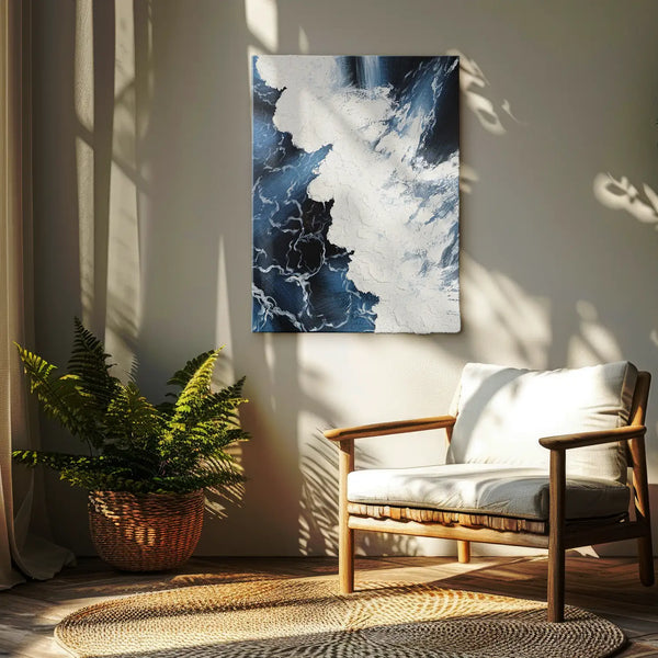 Leinwandbild handgemalt mit Acrylfarbe und Strukturpaste im Hochformat, Wellen des Seins, 75x100 mit Bilderrahmen in Eiche Dunkel