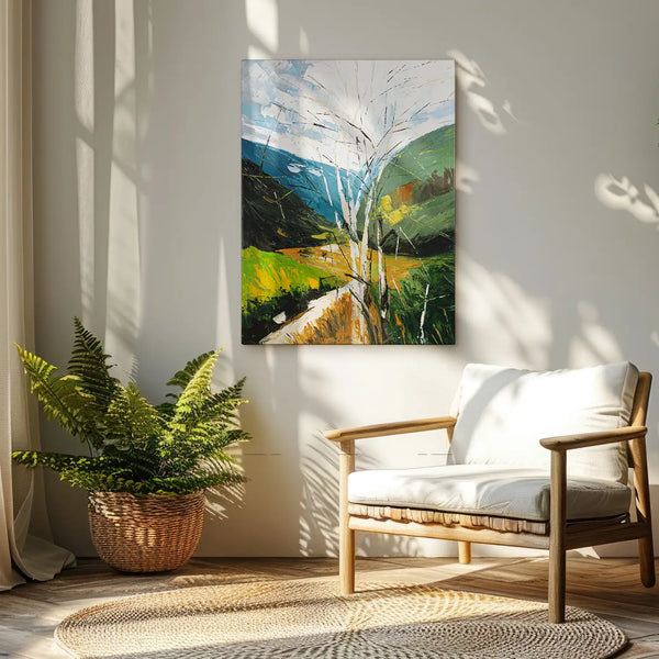 Leinwandbild handgemalt mit Acrylfarbe und Strukturpaste im Hochformat, fruehlingserwachen, 75x100 mit Bilderrahmen in Eiche Dunkel