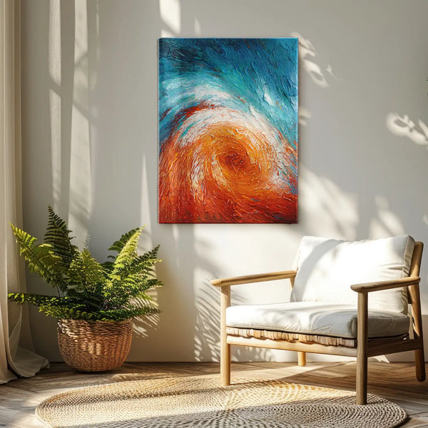 Leinwandbild handgemalt mit Acrylfarbe und Strukturpaste im Hochformat, Im Wirbel der Zeit, 75x100 mit Bilderrahmen in Eiche Dunkel