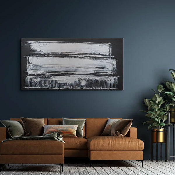 Leinwandbild handgemalt Gemälde mit Acrylfarbe und Strukturpaste im Panorama, Klang des Metalls, 120x60 mit Bilderrahmen in Eiche Dunkel