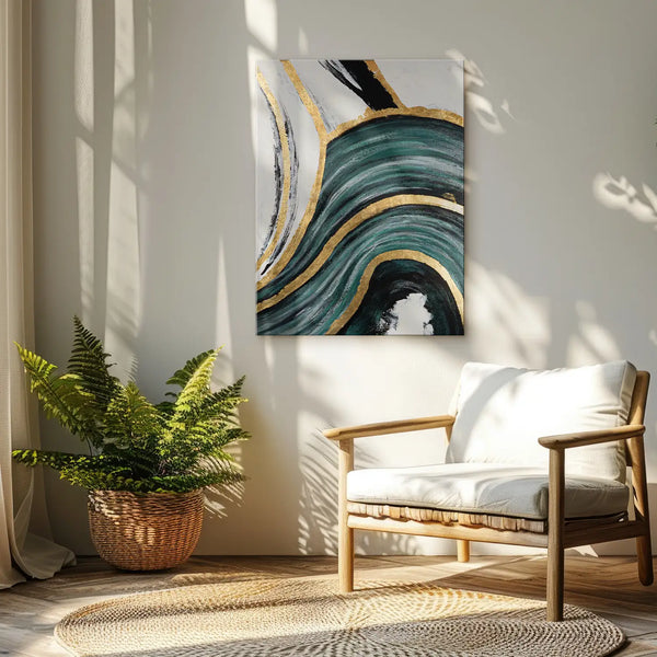 Leinwandbild handgemalt mit Acrylfarbe und Strukturpaste im Hochformat, Schleier der Wahrheit, 75x100 mit Bilderrahmen in Eiche Dunkel