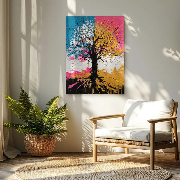 Leinwandbild handgemalt mit Acrylfarbe und Strukturpaste im Hochformat, Chromatischer Wipfel, 75x100 mit Bilderrahmen in Eiche Dunkel