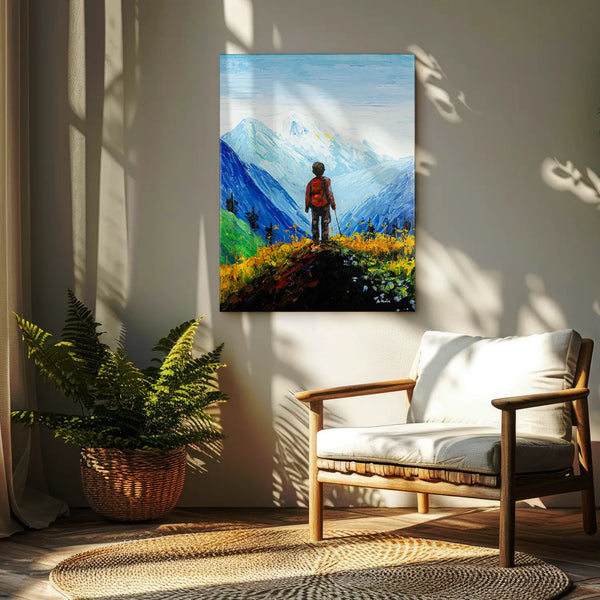 Leinwandbild handgemalt mit Acrylfarbe und Strukturpaste im Hochformat, Die Reise, 75x100 mit Bilderrahmen in Eiche Dunkel