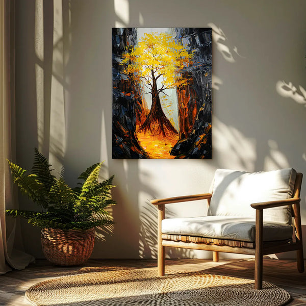 Leinwandbild handgemalt mit Acrylfarbe und Strukturpaste im Hochformat, Im Herz der Tiefe, 75x100 mit Bilderrahmen in Eiche Dunkel