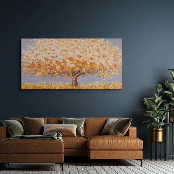 Leinwandbild handgemalt mit Acrylfarbe und Strukturpaste im Panorama, Dualitaet der Natur, 60x120 mit Bilderrahmen in Eiche Dunkel