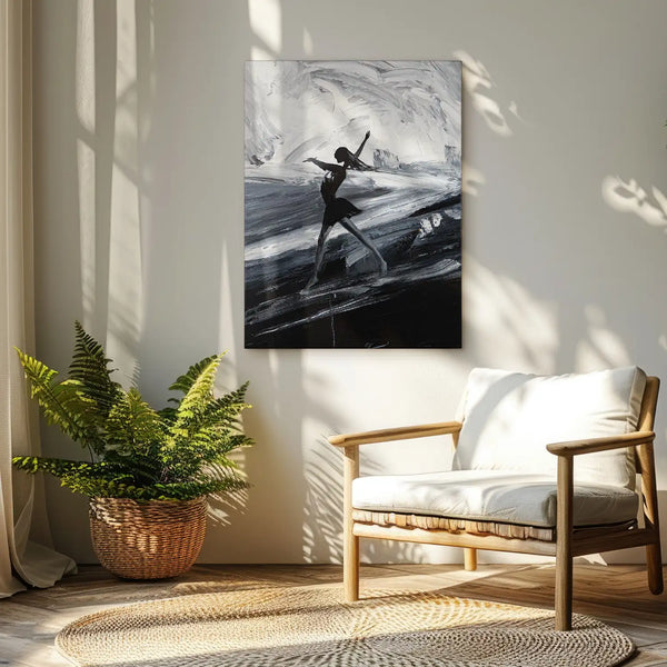 Leinwandbild handgemalt mit Acrylfarbe und Strukturpaste im Hochformat, Die Taenzerin, 75x100 mit Bilderrahmen in Eiche Dunkel