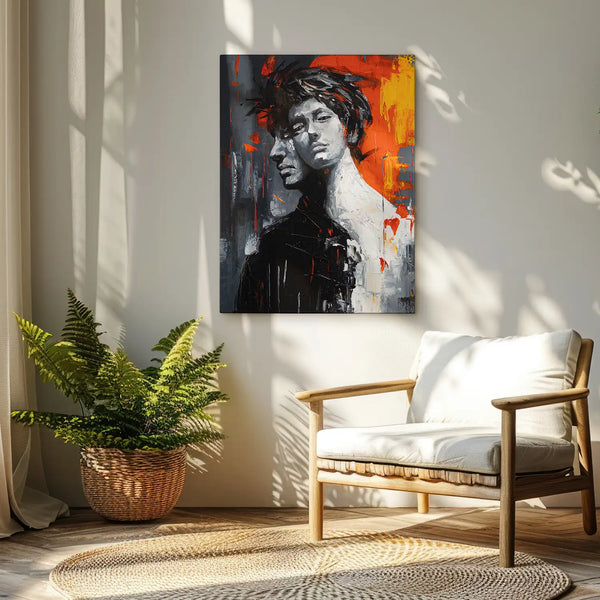 Leinwandbild handgemalt mit Acrylfarbe und Strukturpaste im Hochformat, Romulus and Remus, 75x100 mit Bilderrahmen in Eiche Dunkel