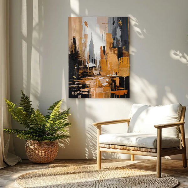 Leinwandbild handgemalt mit Acrylfarbe und Strukturpaste im Hochformat, Skyscraper, 75x100 mit Bilderrahmen in Eiche Dunkel