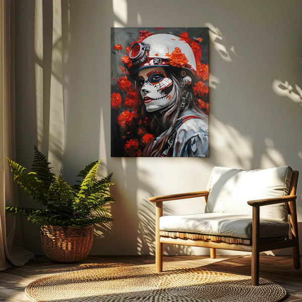 Leinwandbild handgemalt mit Acrylfarbe und Strukturpaste im Hochformat, Bluete der Schattenkriegerin, 75x100 mit Bilderrahmen in Eiche Dunkel