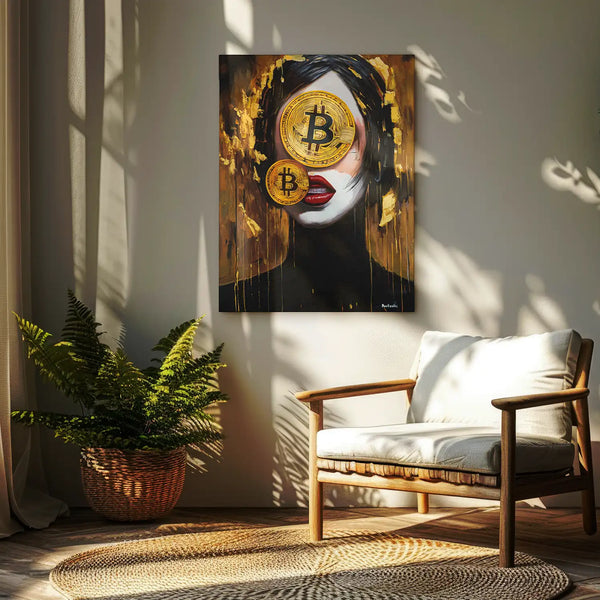 Leinwandbild handgemalt mit Acrylfarbe und Strukturpaste im Hochformat, Der Schleier des Reichtums, 75x100 mit Bilderrahmen in Eiche Dunkel