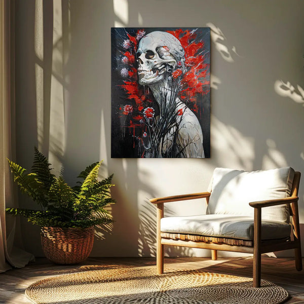 Leinwandbild handgemalt mit Acrylfarbe und Strukturpaste im Hochformat, Wo das Fleisch verstummt, 75x100 mit Bilderrahmen in Eiche Dunkel