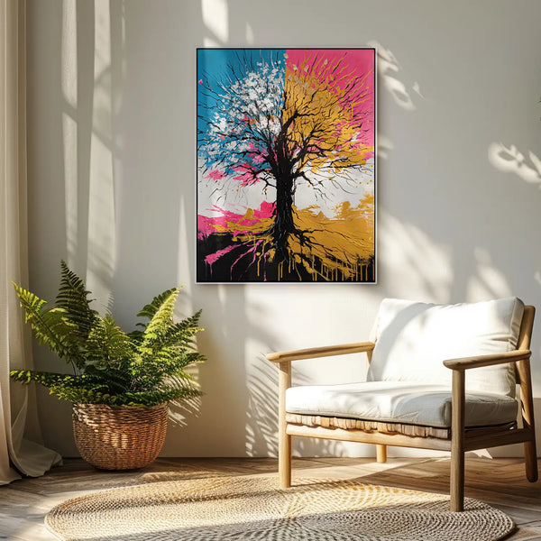 Leinwandbild handgemalt mit Acrylfarbe und Strukturpaste im Hochformat, Chromatischer Wipfel, 120x160 mit Bilderrahmen in Weiß