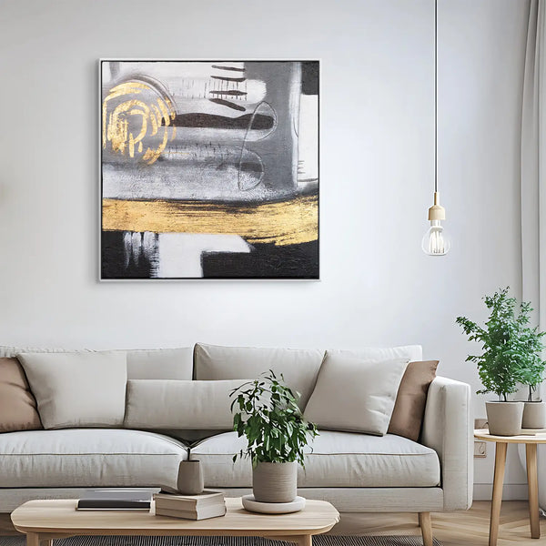 Leinwandbild handgemalt mit Acrylfarbe und Strukturpaste im Quadratisch, Goldenes Jetzt, 120x120 mit Bilderrahmen in Weiß