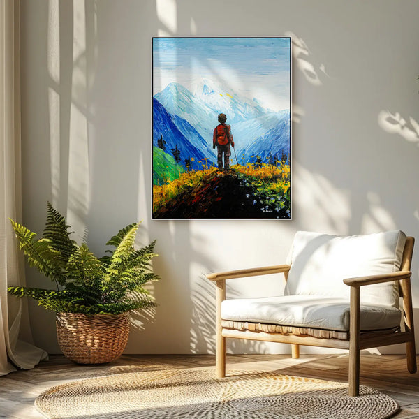 Leinwandbild handgemalt mit Acrylfarbe und Strukturpaste im Hochformat, Die Reise, 120x160 mit Bilderrahmen in Weiß