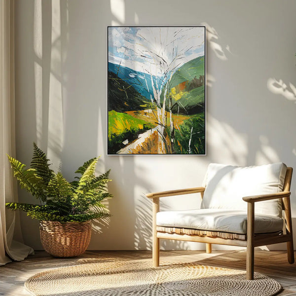 Leinwandbild handgemalt mit Acrylfarbe und Strukturpaste im Hochformat, fruehlingserwachen, 120x160 mit Bilderrahmen in Weiß