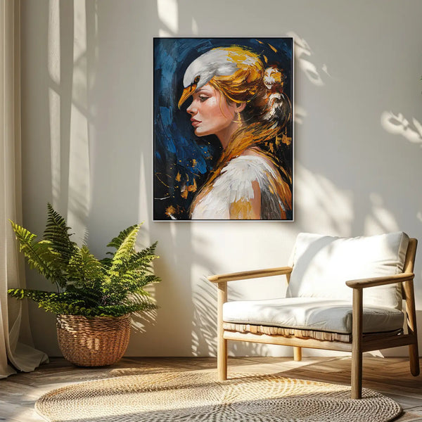 Leinwandbild handgemalt mit Acrylfarbe und Strukturpaste im Hochformat, Schwanenkoenigin, 120x160 mit Bilderrahmen in Weiß