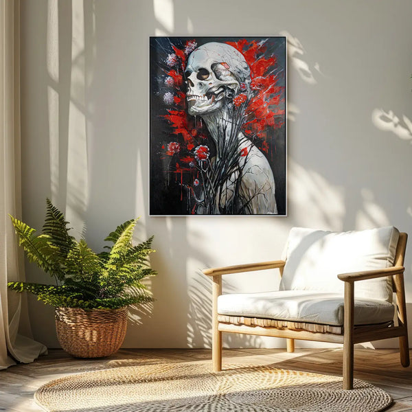 Leinwandbild handgemalt mit Acrylfarbe und Strukturpaste im Hochformat, Wo das Fleisch verstummt, 120x160 mit Bilderrahmen in Weiß