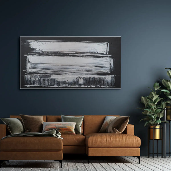 Leinwandbild handgemalt Gemälde mit Acrylfarbe und Strukturpaste im Panorama, Klang des Metalls, 160x80 mit Bilderrahmen in Weiß