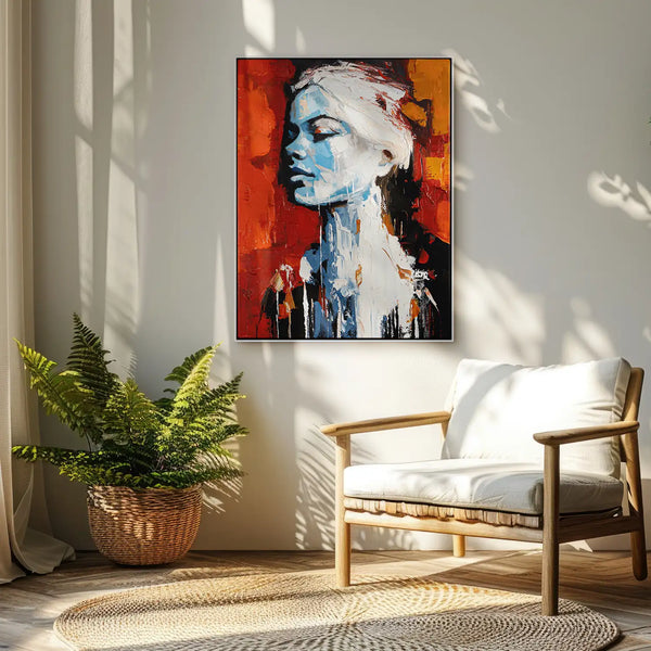 Leinwandbild handgemalt mit Acrylfarbe und Strukturpaste im Hochformat, Atalante, 120x160 mit Bilderrahmen in Weiß