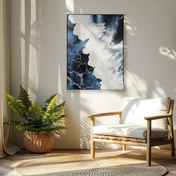 Leinwandbild handgemalt mit Acrylfarbe und Strukturpaste im Hochformat, Wellen des Seins, 120x160 mit Bilderrahmen in Weiß