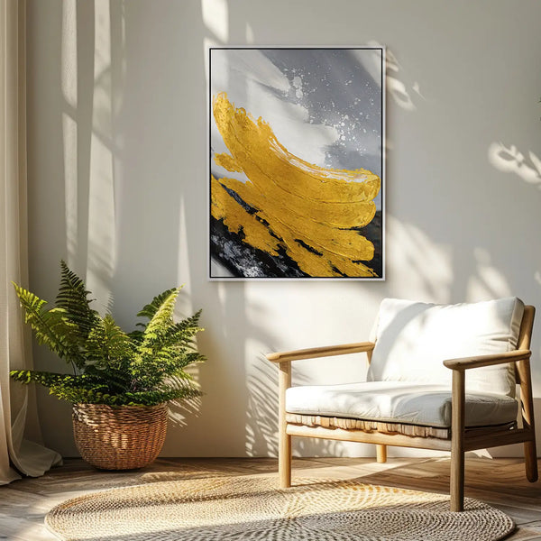 Leinwandbild handgemalt mit Acrylfarbe und Strukturpaste im Hochformat, Goldene Reflexionen, 120x160 mit Bilderrahmen in Weiß