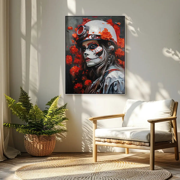 Leinwandbild handgemalt mit Acrylfarbe und Strukturpaste im Hochformat, Bluete der Schattenkriegerin, 120x160 mit Bilderrahmen in Weiß