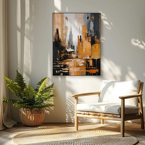 Leinwandbild handgemalt mit Acrylfarbe und Strukturpaste im Hochformat, Skyscraper, 120x160 mit Bilderrahmen in Weiß