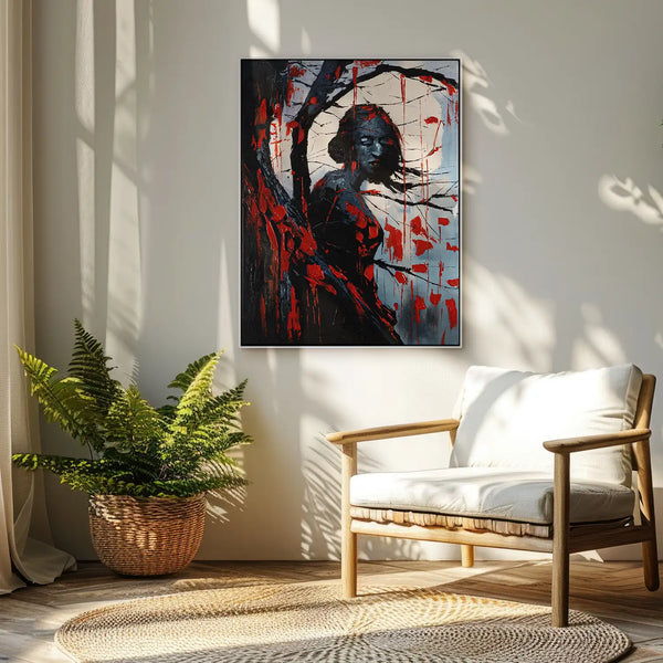 Leinwandbild handgemalt mit Acrylfarbe und Strukturpaste im Hochformat, Schwarze Phytomorphe, 120x160 mit Bilderrahmen in Weiß