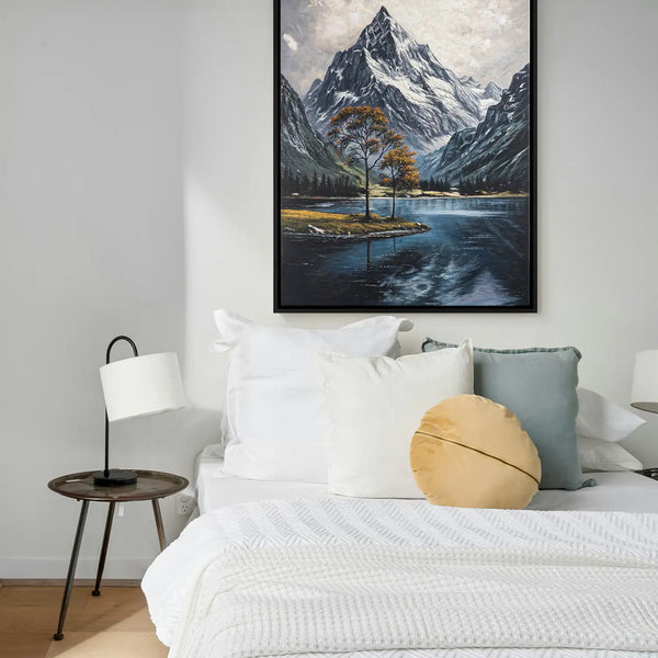 Leinwandbild handgemalt mit Acrylfarbe und Strukturpaste im Hochformat, Zwischen Berg und See, 150x200 ohne Rahmen