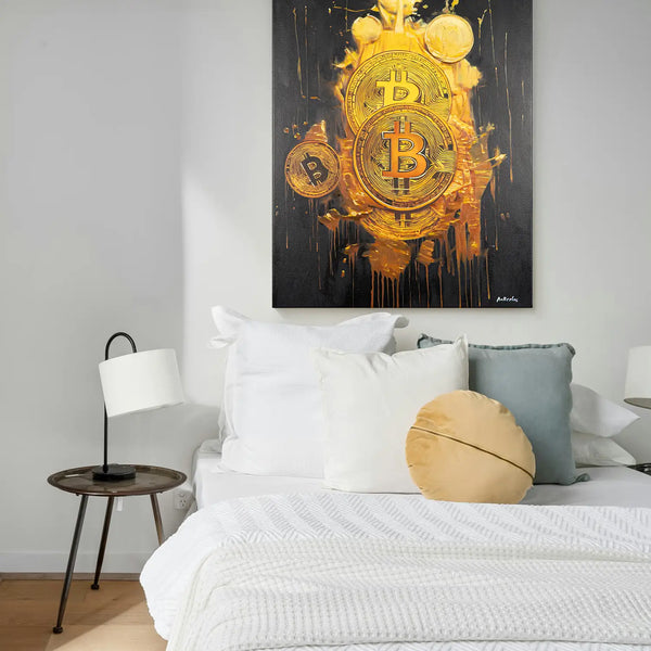 Leinwandbild handgemalt mit Acrylfarbe und Strukturpaste im Hochformat, Goldene Illusionen, 60x80 mit Bilderrahmen in Eiche Hell