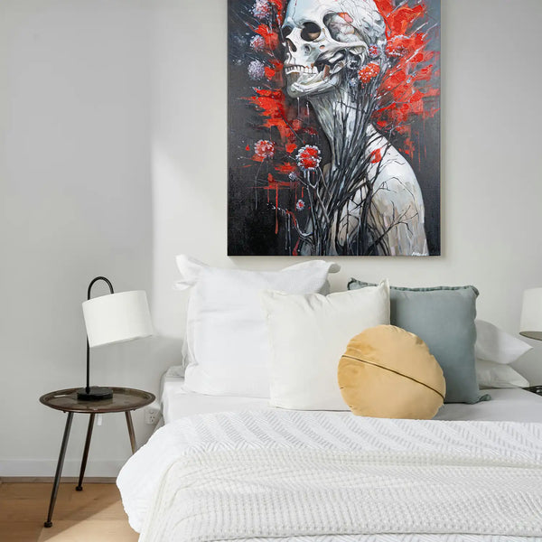 Leinwandbild handgemalt mit Acrylfarbe und Strukturpaste im Hochformat, Wo das Fleisch verstummt, 60x80 mit Bilderrahmen in Eiche Hell