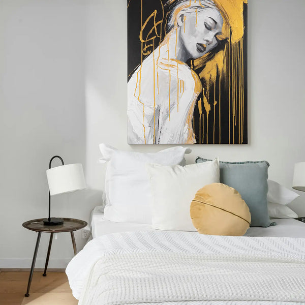 Leinwandbild handgemalt mit Acrylfarbe und Strukturpaste im Hochformat, Das goldene Schweigen, 60x80 mit Bilderrahmen in Eiche Hell