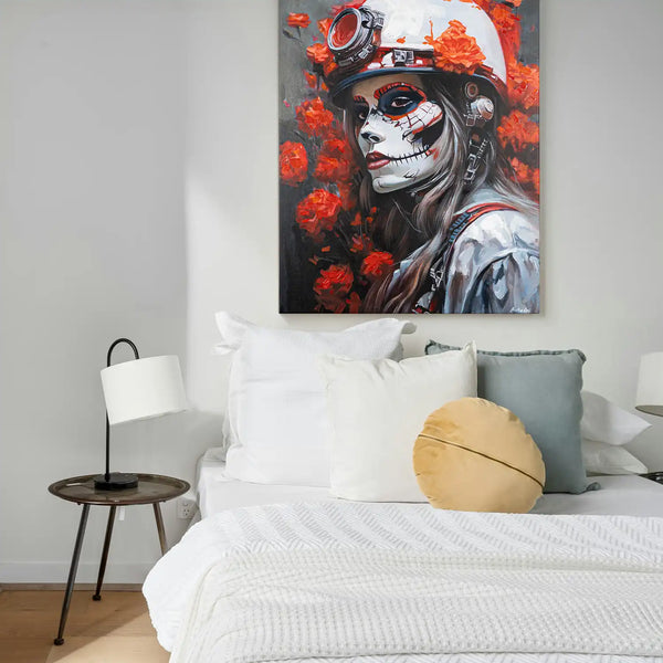 Leinwandbild handgemalt mit Acrylfarbe und Strukturpaste im Hochformat, Bluete der Schattenkriegerin, 60x80 mit Bilderrahmen in Eiche Hell