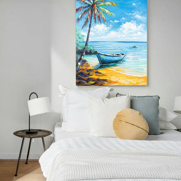 Leinwandbild handgemalt mit Acrylfarbe und Strukturpaste im Hochformat, Flucht in die Stille, 60x80 mit Bilderrahmen in Eiche Hell