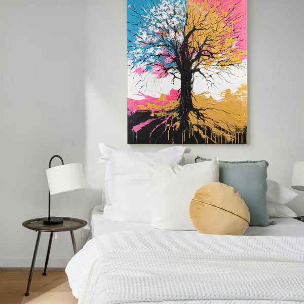 Leinwandbild handgemalt mit Acrylfarbe und Strukturpaste im Hochformat, Chromatischer Wipfel, 60x80 mit Bilderrahmen in Eiche Hell