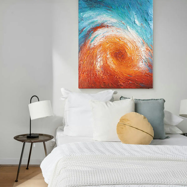 Leinwandbild handgemalt mit Acrylfarbe und Strukturpaste im Hochformat, Im Wirbel der Zeit, 60x80 mit Bilderrahmen in Eiche Hell