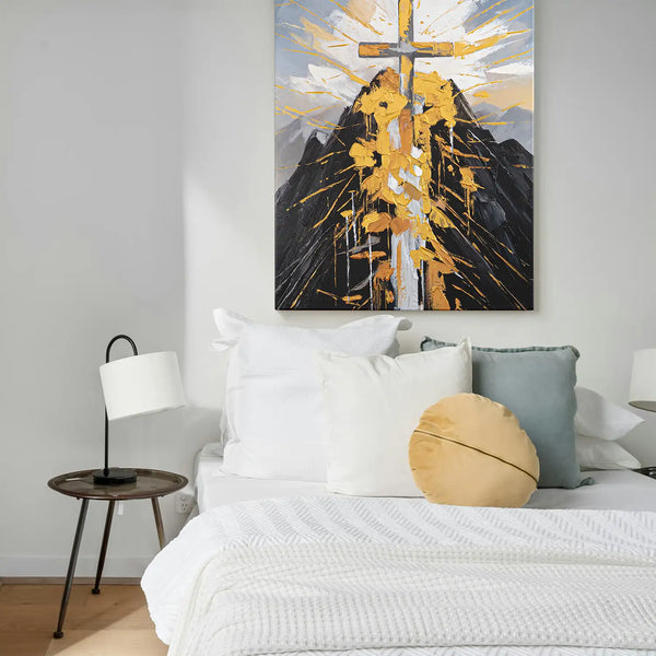 Leinwandbild handgemalt mit Acrylfarbe und Strukturpaste im Hochformat, Berg der Vergebung, 60x80 mit Bilderrahmen in Eiche Hell