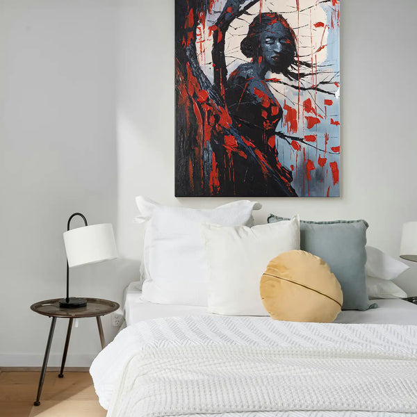 Leinwandbild handgemalt mit Acrylfarbe und Strukturpaste im Hochformat, Schwarze Phytomorphe, 60x80 mit Bilderrahmen in Eiche Hell