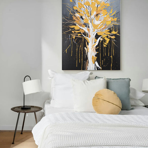 Leinwandbild handgemalt mit Acrylfarbe und Strukturpaste im Hochformat, Golden Leaves, 60x80 mit Bilderrahmen in Eiche Hell