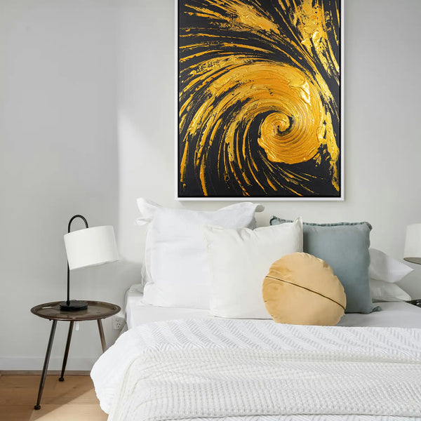 Leinwandbild handgemalt mit Acrylfarbe und Strukturpaste im Hochformat, Der Fall des Glanzes, 90x120 mit Bilderrahmen in Schwarz