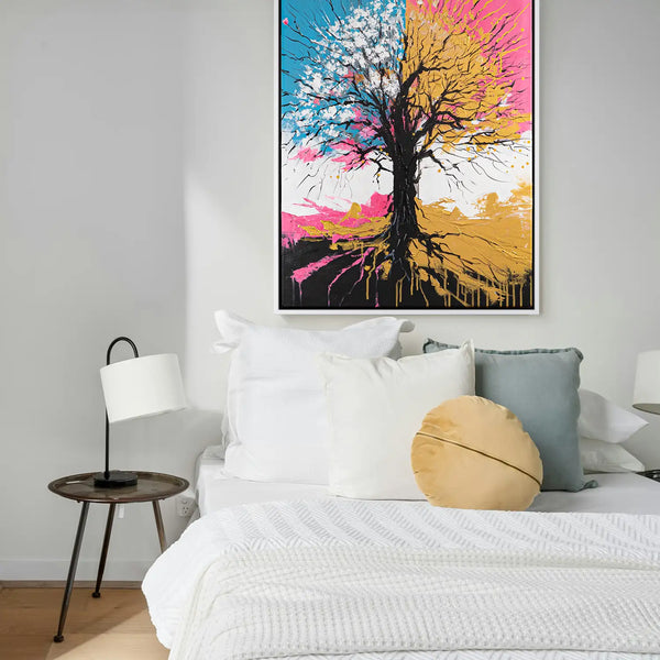 Leinwandbild handgemalt mit Acrylfarbe und Strukturpaste im Hochformat, Chromatischer Wipfel, 90x120 mit Bilderrahmen in Schwarz