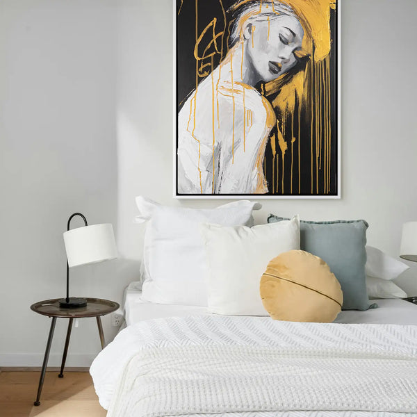 Leinwandbild handgemalt mit Acrylfarbe und Strukturpaste im Hochformat, Das goldene Schweigen, 90x120 mit Bilderrahmen in Schwarz