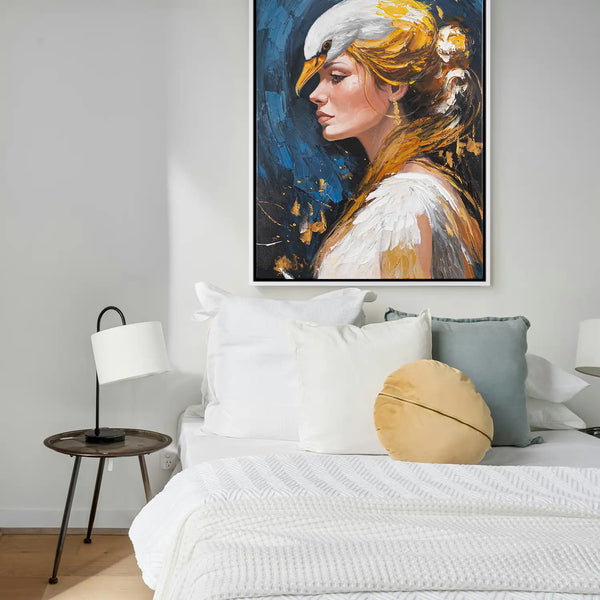 Leinwandbild handgemalt mit Acrylfarbe und Strukturpaste im Hochformat, Schwanenkoenigin, 90x120 mit Bilderrahmen in Schwarz